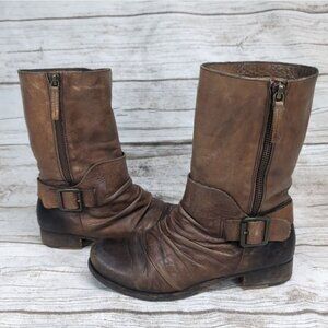 Vince Camuto Brown Distressed Leather Biker Boots Mid Calf Size 37